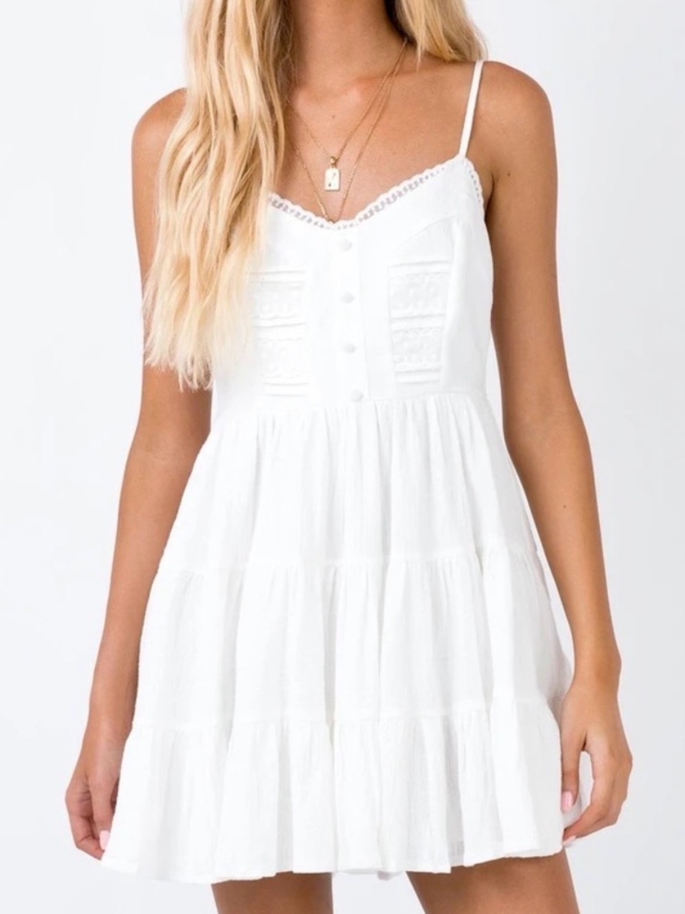 Dlaney White Mini Dress- Women's White Spaghetti Strap Tiered Sundress